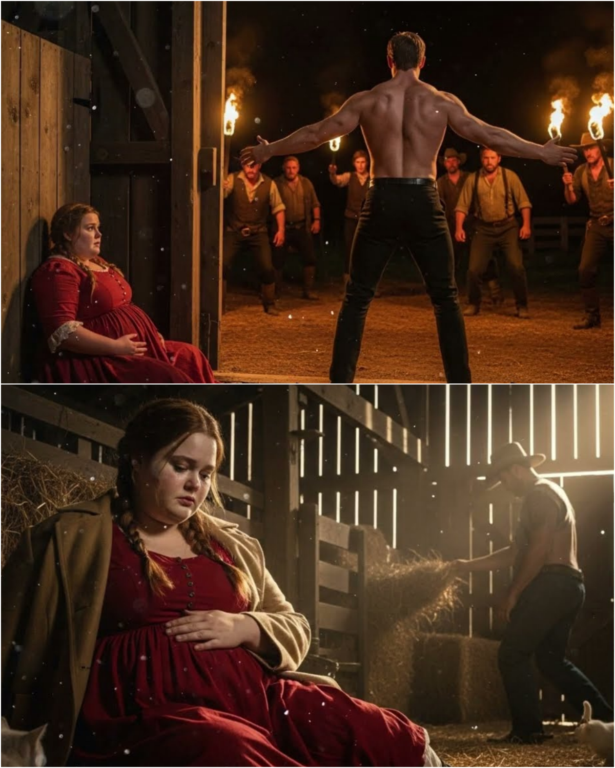 In the quiet frontier town, a young woman hid her pregnancy in shame, weeping alone behind a barn one stormy night. The giant cowboy everyone feared found her there.