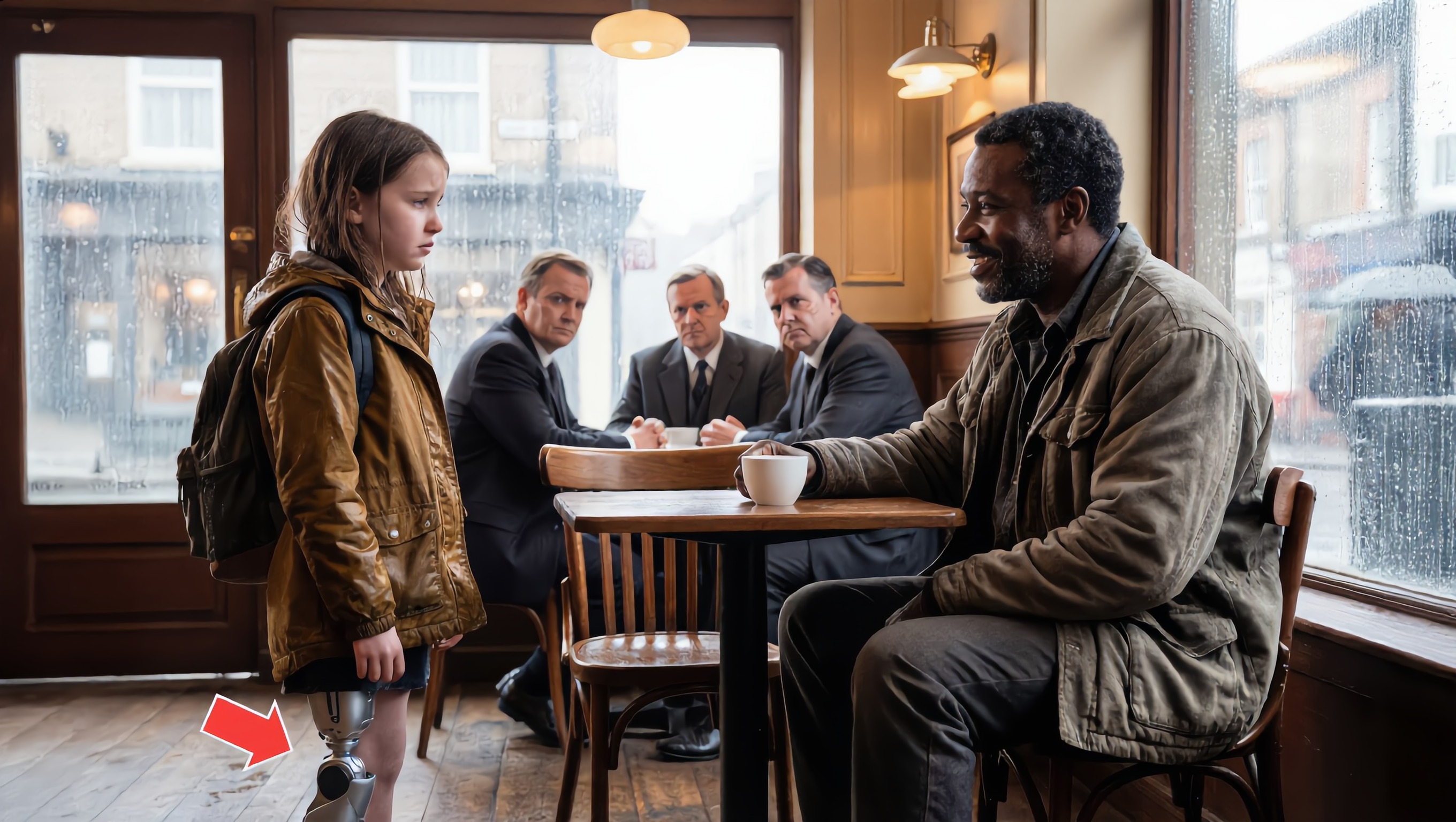 “Can I Sit Here?” An 8-year-old girl with a prosthetic leg, soaking wet from the rain, politely asked to sit at a busy café.  Wealthy customers turned her away with cruel words.  Then she asked a black single dad in the corner…  | HO