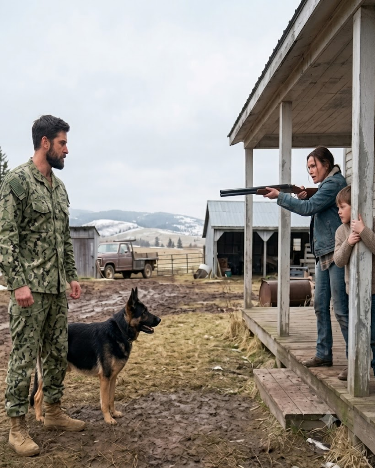 A Navy SEAL returned home after 9 years expecting an empty, rotting farmhouse. Instead, a single mom and her little boy had been living there, quietly fixing the roof, keeping the fire burning. When he said This is my home. The 8-year-old raised a wooden rifle at him.