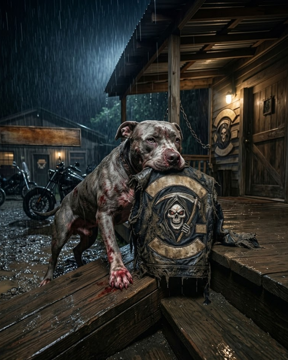 They bled for three miles in a storm. He carried his owner’s jacket home with teeth that had nothing left but loyalty. Dad didn’t roar. He just put on his old vest and called a thousand brothers.The governor learned that night: some walls don’t break. They answer.