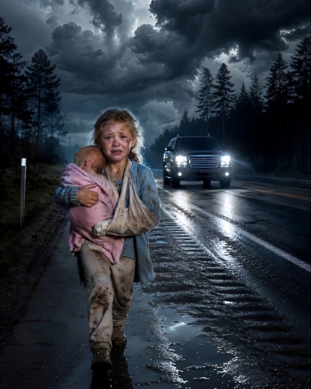 Little Girl With a Broken Arm Carried Her Baby Sister on the Highway—Until a Millionaire Saw Them.