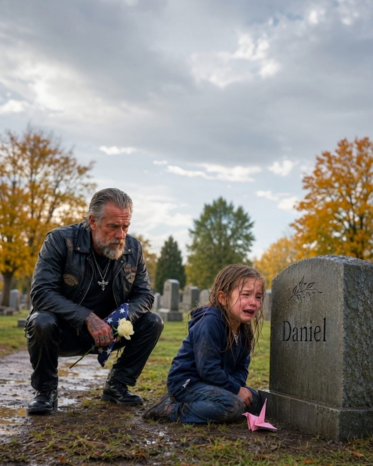 Biker Finds Little Girl Crying at His Son’s Grave — Her Secret Shocks Him.